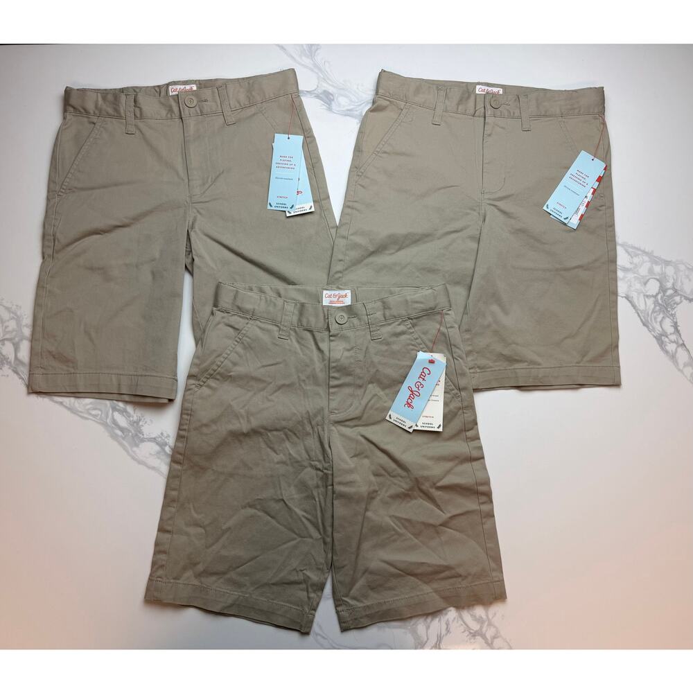 Cat & Jack Boys Uniform Shorts Size 8 Khaki Flat Front Lot of 3 NWT